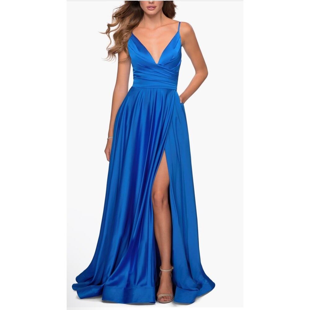 La Femme Royal Blue Side Slit Satin Ballgown Size 2 $408 Prom Formal NEW